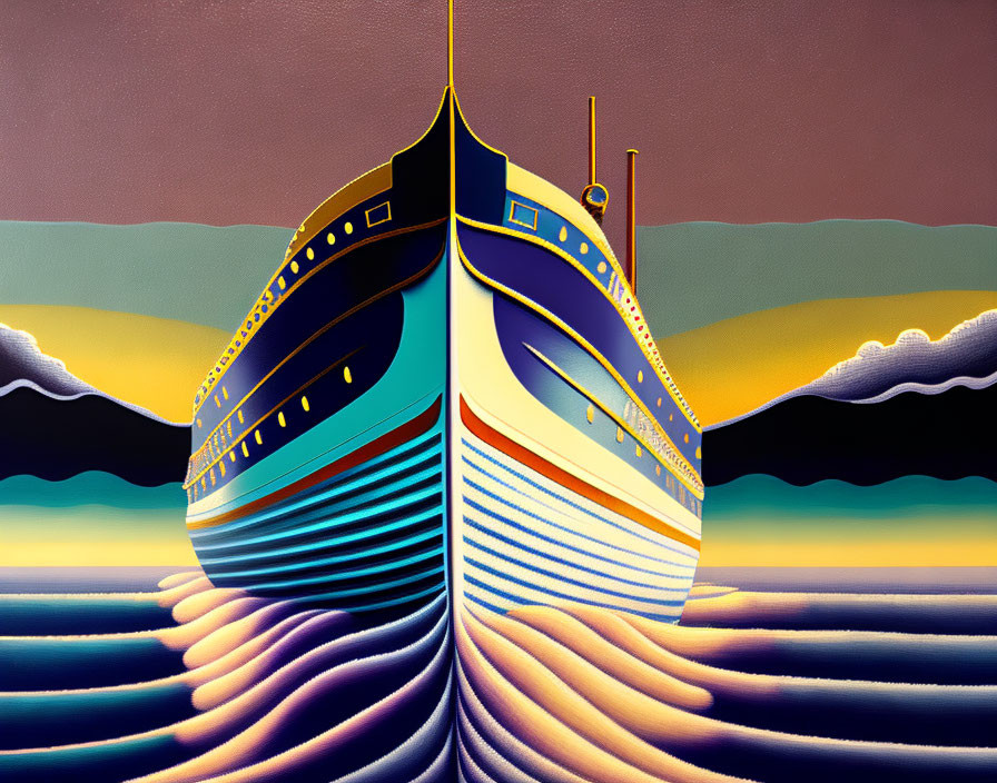 Vibrant ship painting with bold lines and waves on striped background