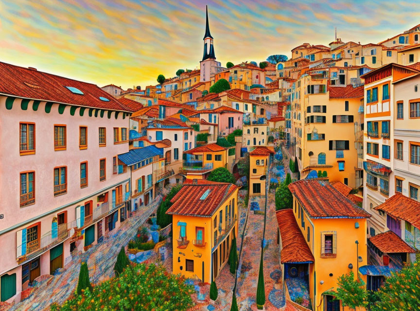 Scenic European town with terracotta roofs and church spire at sunset