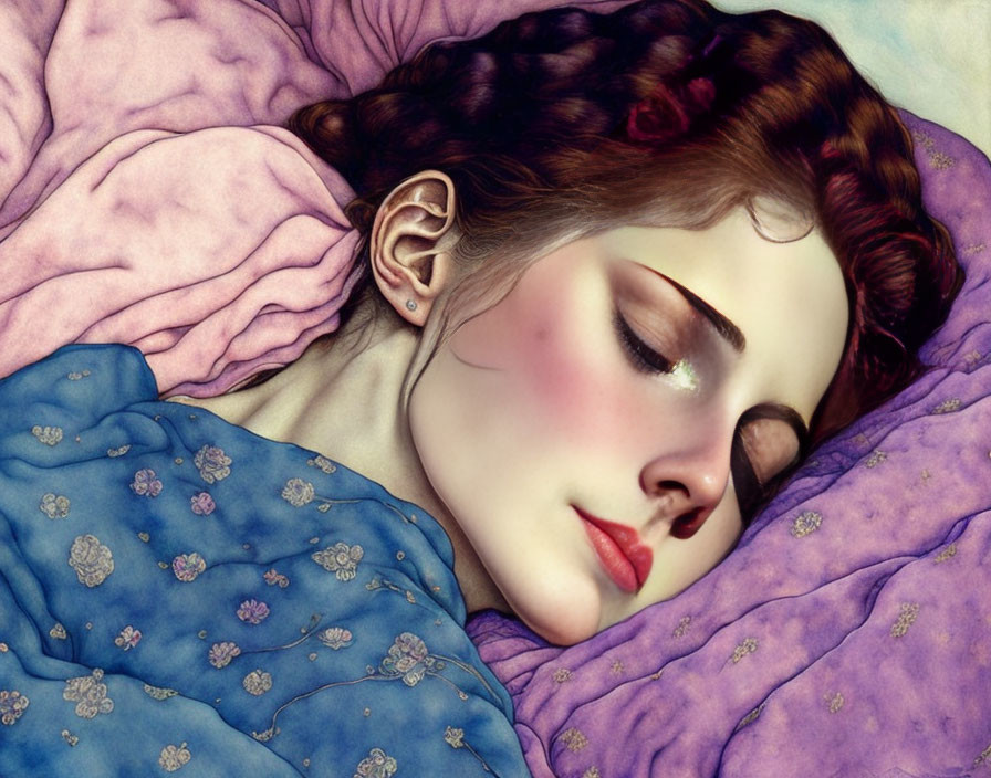 Detailed Illustration: Woman with Braided Hair Asleep on Purple Pillow in Blue Floral Top