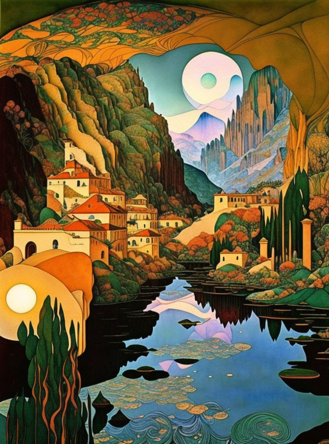 Colorful artwork of village nestled in hills by river under eclipsed sun