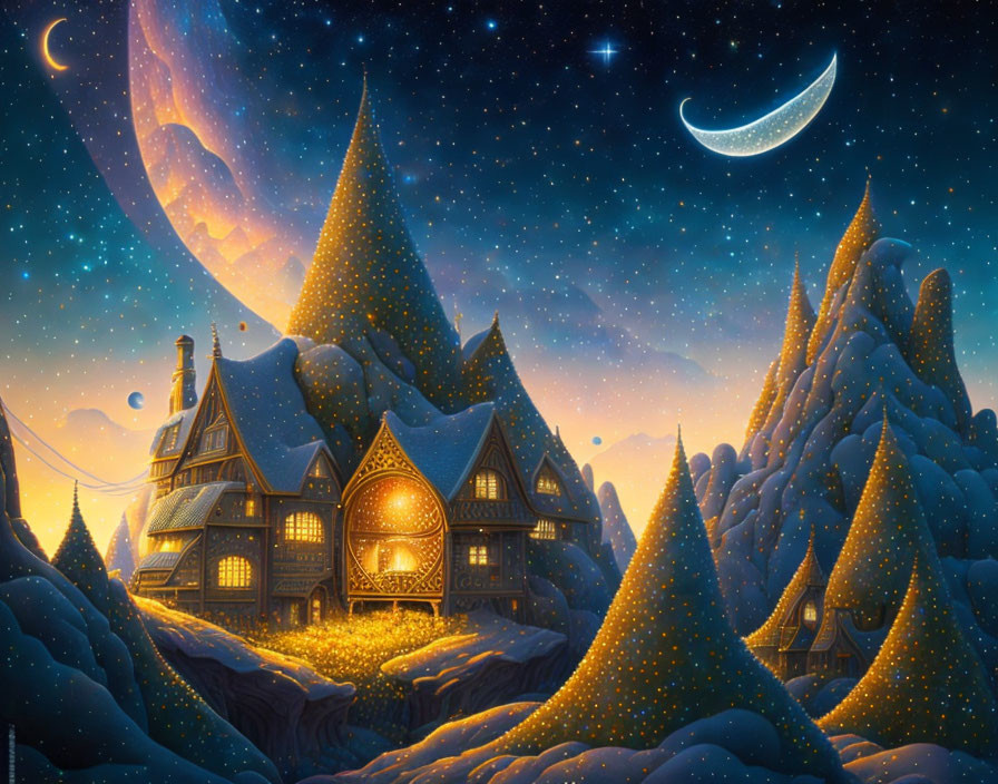 Snow-covered Tudor-style house in starlit winter night scene