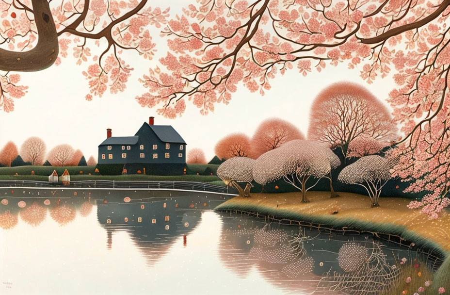 Tranquil landscape with blue house, cherry blossoms, reflective lake