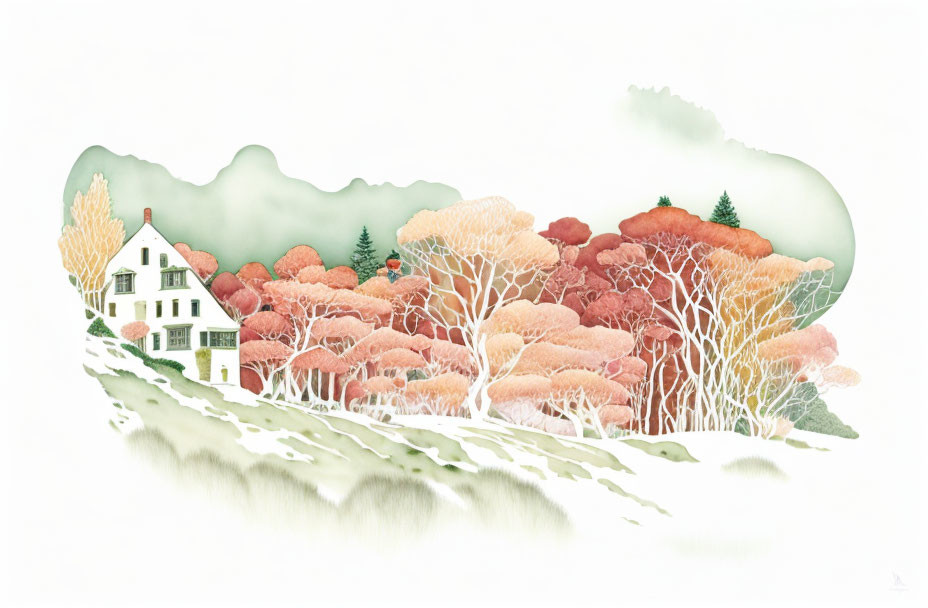 Serene autumn landscape with white house in misty forest