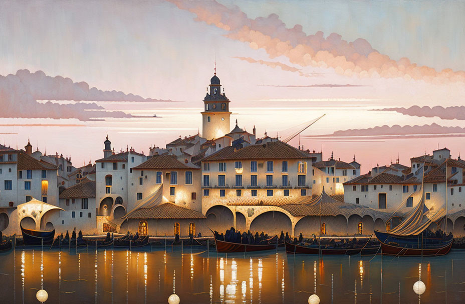 European Town Waterfront: Serene Scene with Docked Boats and Archways