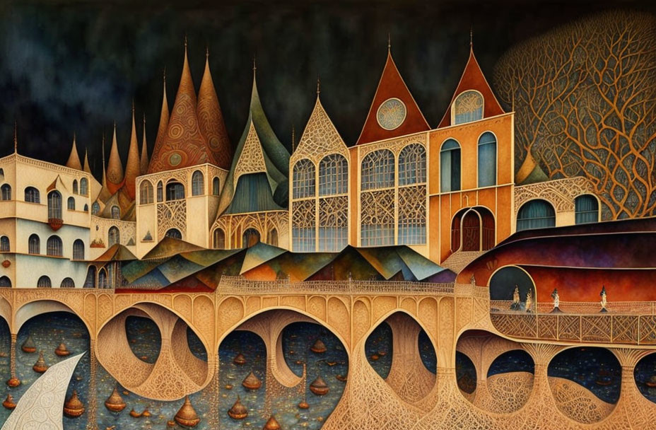 Surreal architectural fantasy with arched bridges, medieval buildings, and shadowy tree.