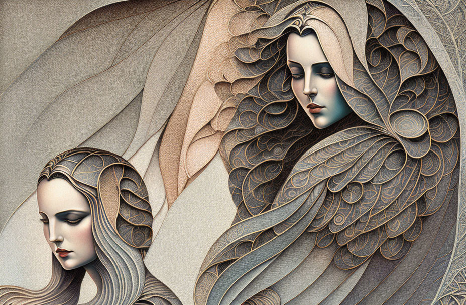 Stylized women with flowing hair and feathers in abstract design