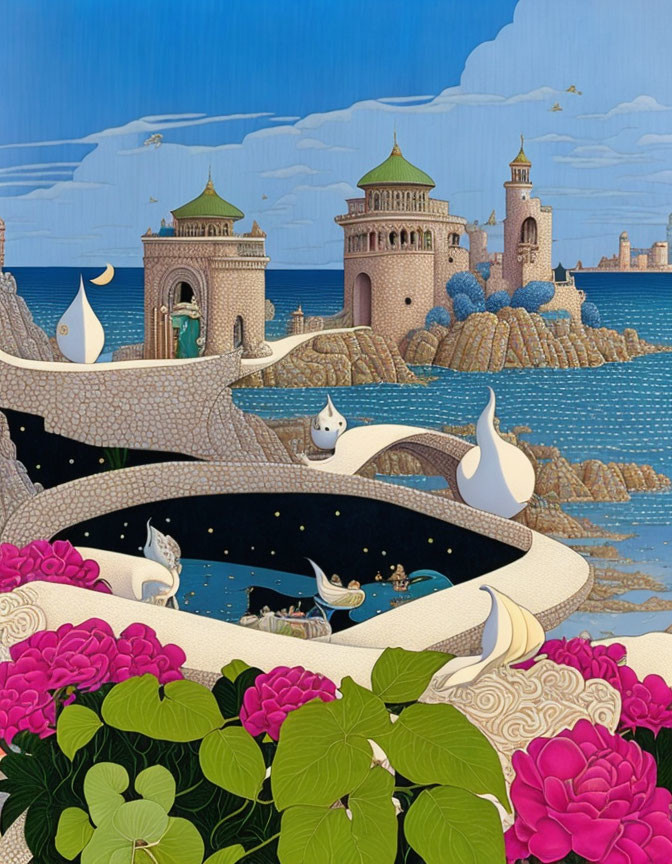 Whimsical illustration of swans, river, flowers, and fantastical buildings