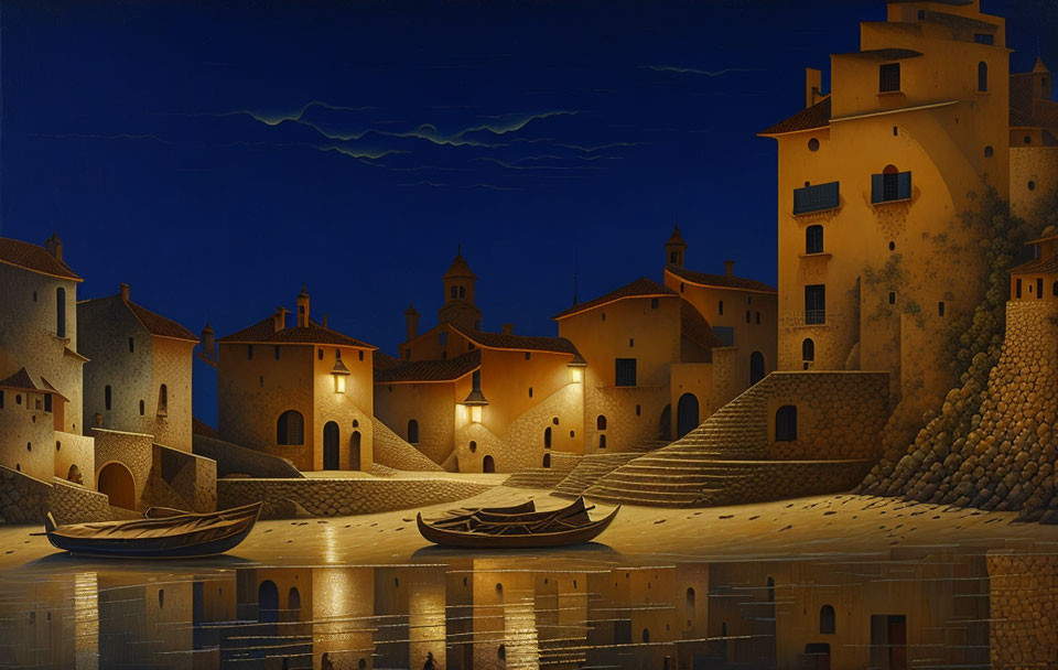 Tranquil Mediterranean village night scene with lit windows and boats on still water