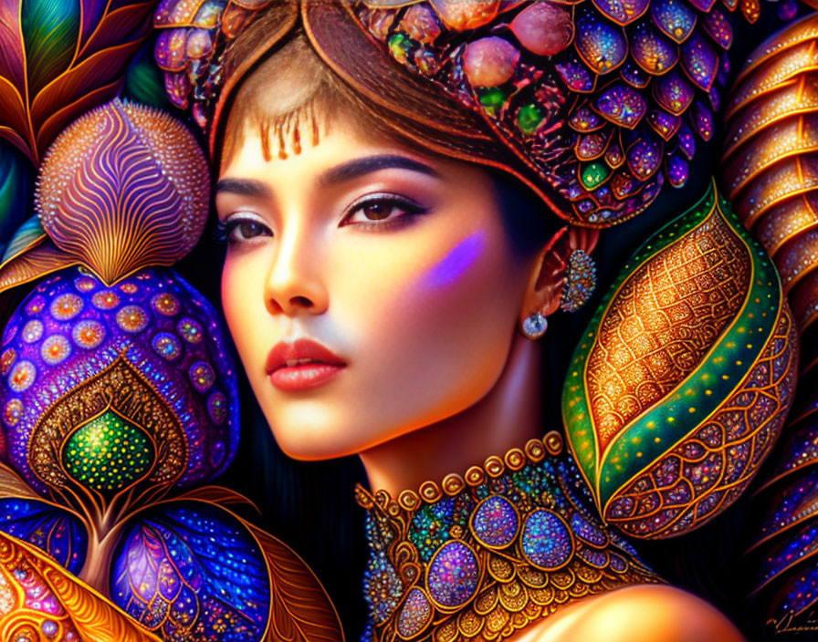 Vibrant digital artwork: Woman adorned with jewel-toned patterns