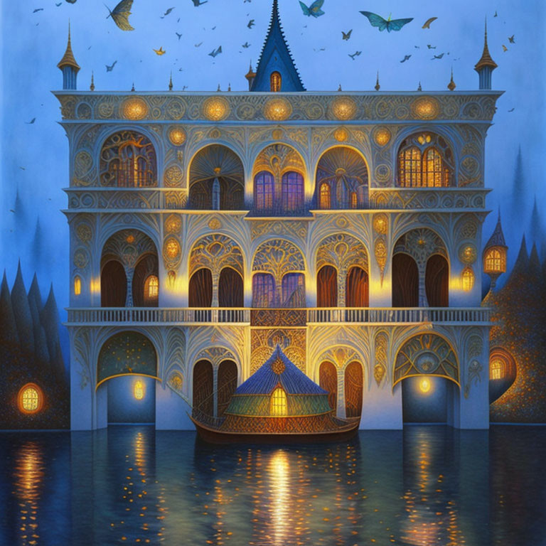 Illuminated fantasy palace with Gothic architecture and twilight ambiance