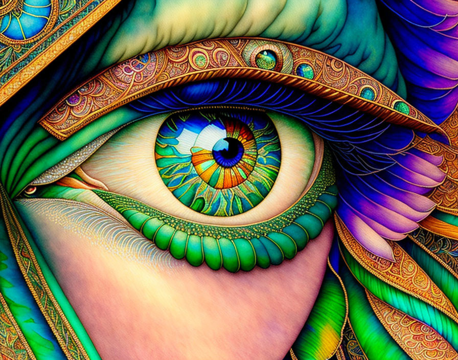 Detailed digital artwork: Close-up eye with intricate, colorful psychedelic patterns.