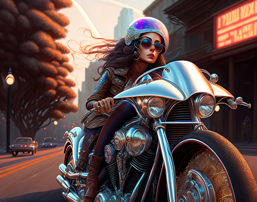 Woman with flowing hair rides stylized motorcycle in city street.