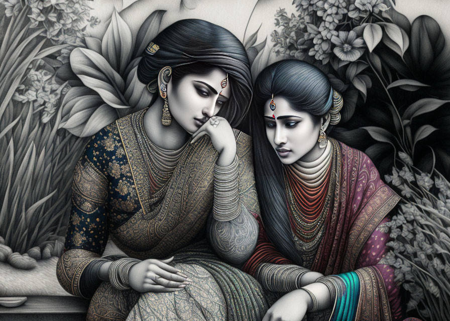 Traditional Indian Attire Depicted in Grayscale Illustration