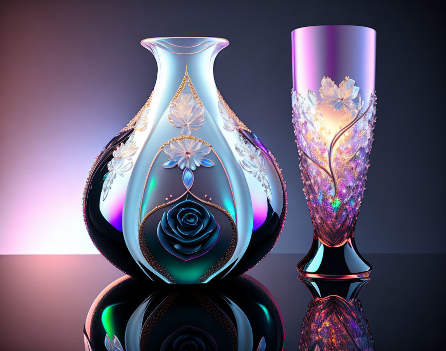 Iridescent Floral and Rose Motif Vases on Purple and Black Gradient Backdrop