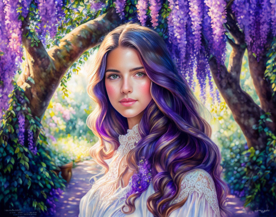 Portrait of woman with long wavy hair in garden of purple wisteria flowers