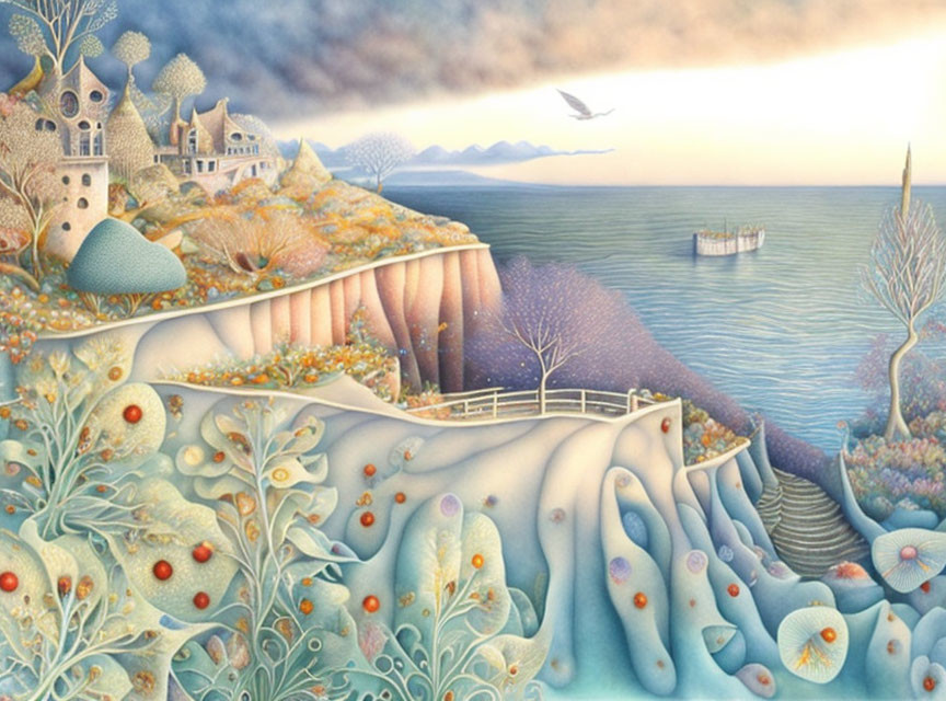 Pastel-colored sea landscape with floral underwater elements and village scene