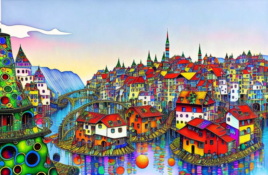 Whimsical town illustration with diverse houses and bridges