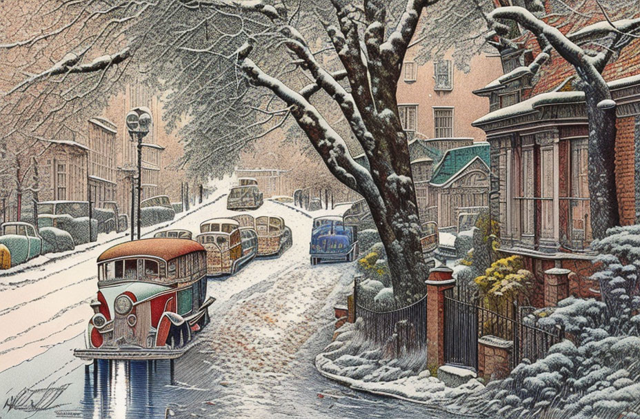 Snow-covered vintage buses and cars on brick-lined street in winter