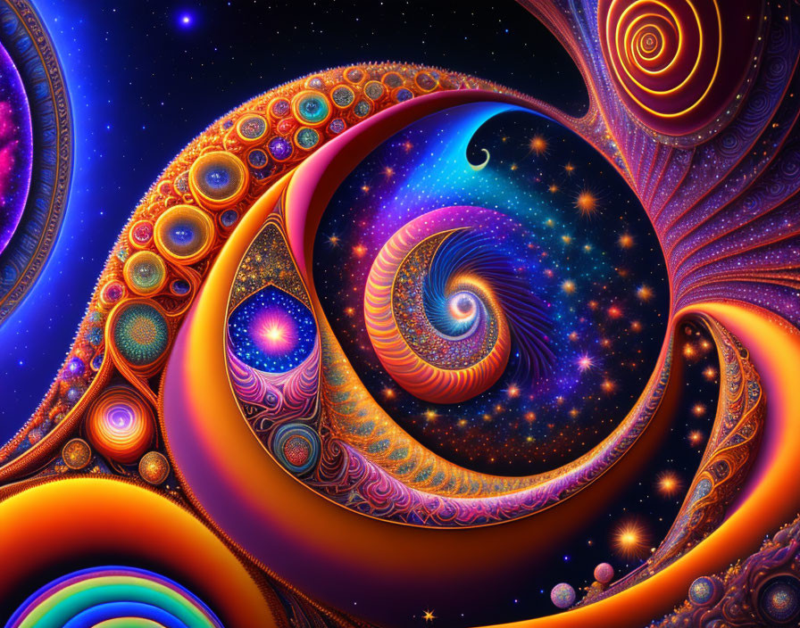Colorful psychedelic fractal art with swirling patterns and stars in a cosmic dreamlike landscape.