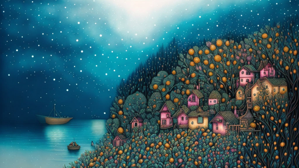 Starry night scene with fruit trees, hillside houses, boat, and rowing couple.