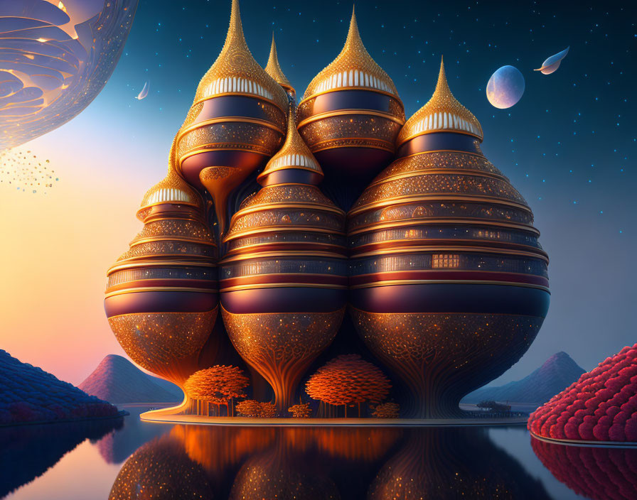 Spherical gold-tipped towers in serene celestial landscape