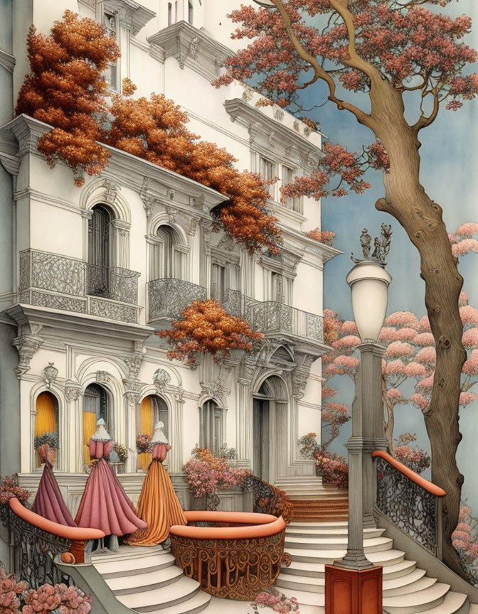 Whimsical building with ornate balconies and figures in pastel dresses