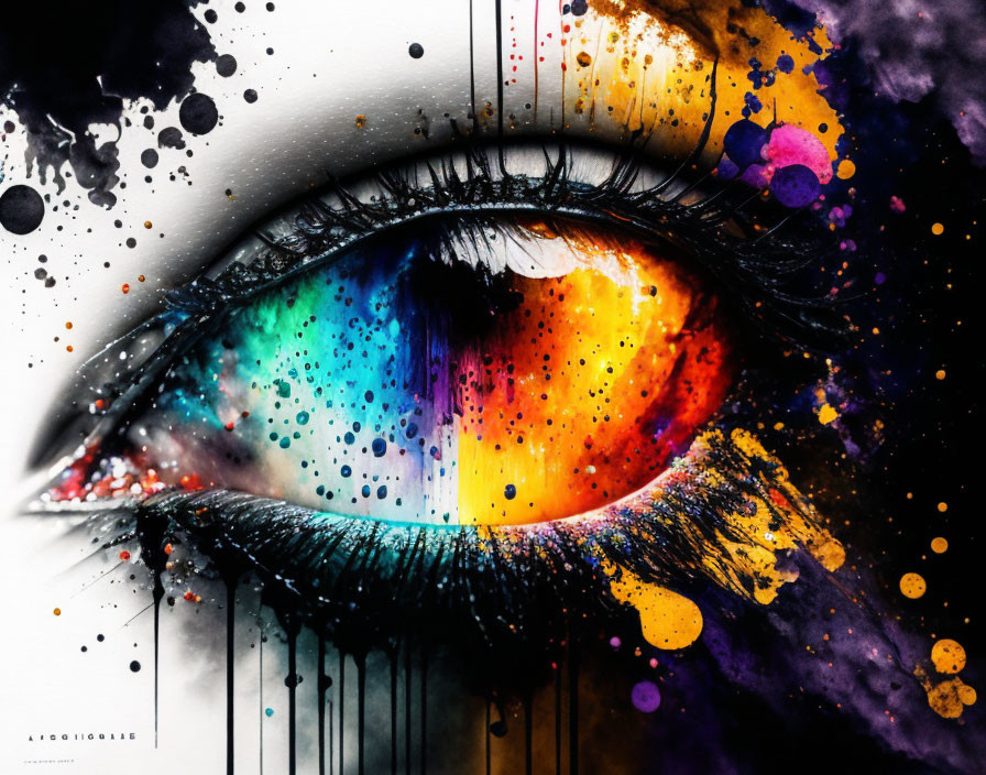 Colorful Spectrum Close-Up Eye with Vibrant Paint Splatters