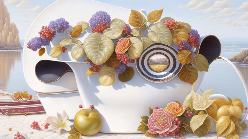 Surreal teacup landscape with lush vines, fruits, and ocean scene