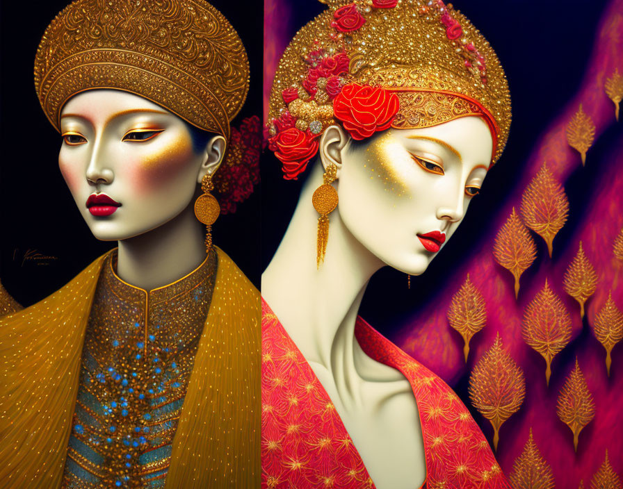 Stylized portraits of women with elaborate headpieces and makeup against vibrant red leaves