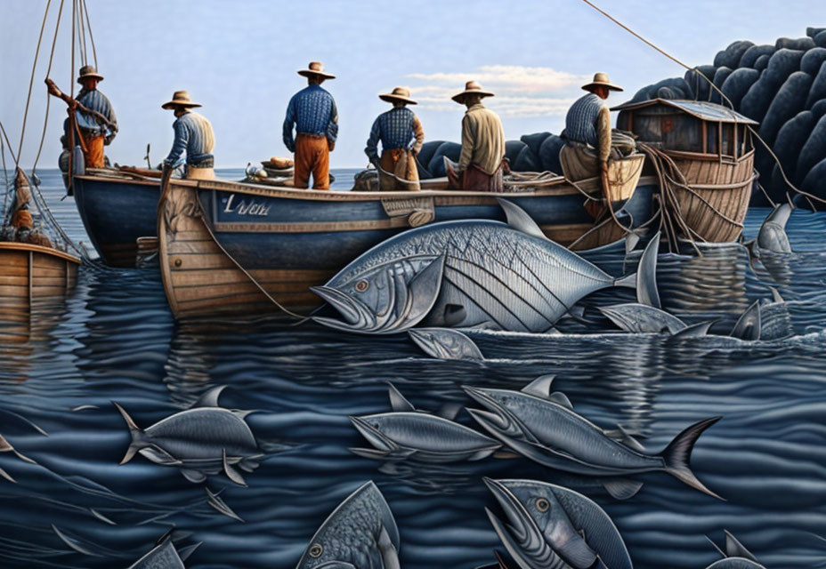 Fishermen in Boats with Large Catch of Realistic Tuna Illustrations