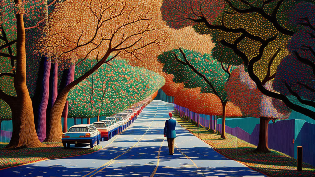 Man Walking on Vibrant Autumn Street with Stylized Trees