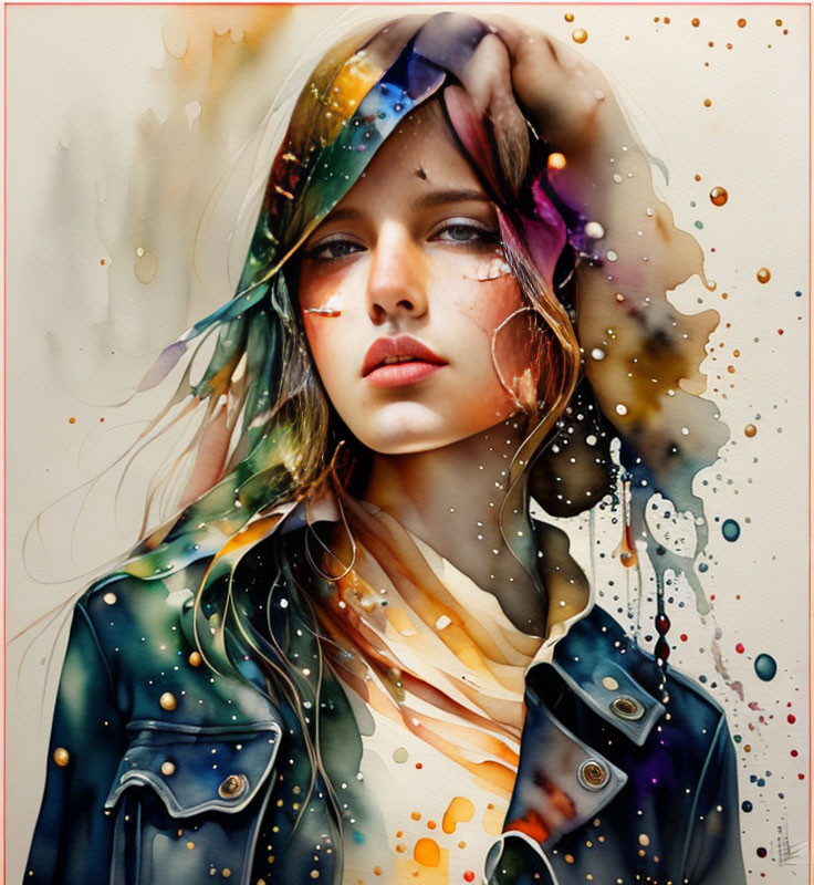 Vibrant portrait of a woman with paint splatters merging into her features