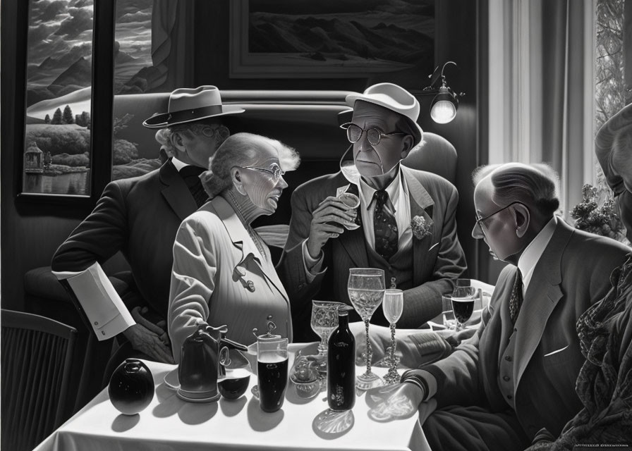 Vintage-styled individuals in train compartment examining paper with magnifying glass