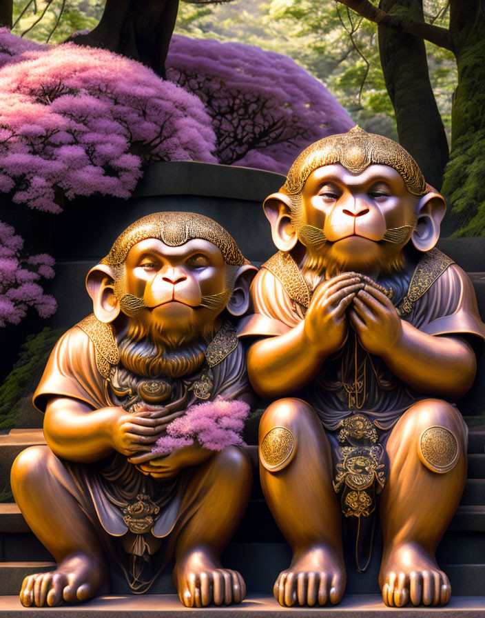 Golden monkey statues under pink blossoming trees embodying see no evil, speak no evil concept.