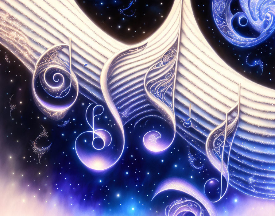 Swirling cosmic music notes against starry nebula background