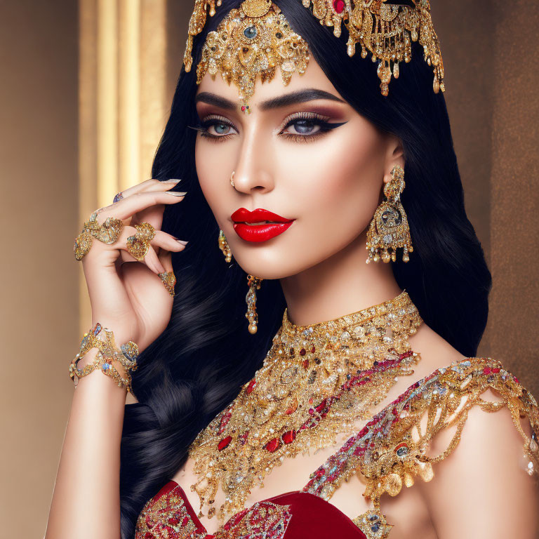 Woman in dramatic makeup with golden head jewelry, earrings, and hand accessories in traditional attire.