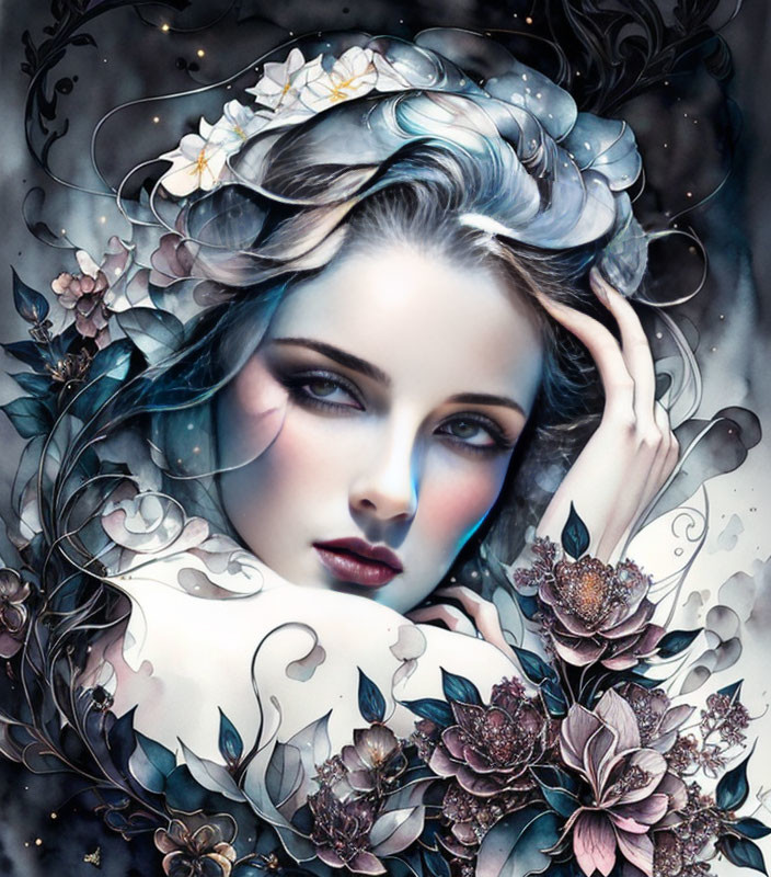 Stylized portrait of a woman with pale skin, blue eyes, dark hair, and floral adorn