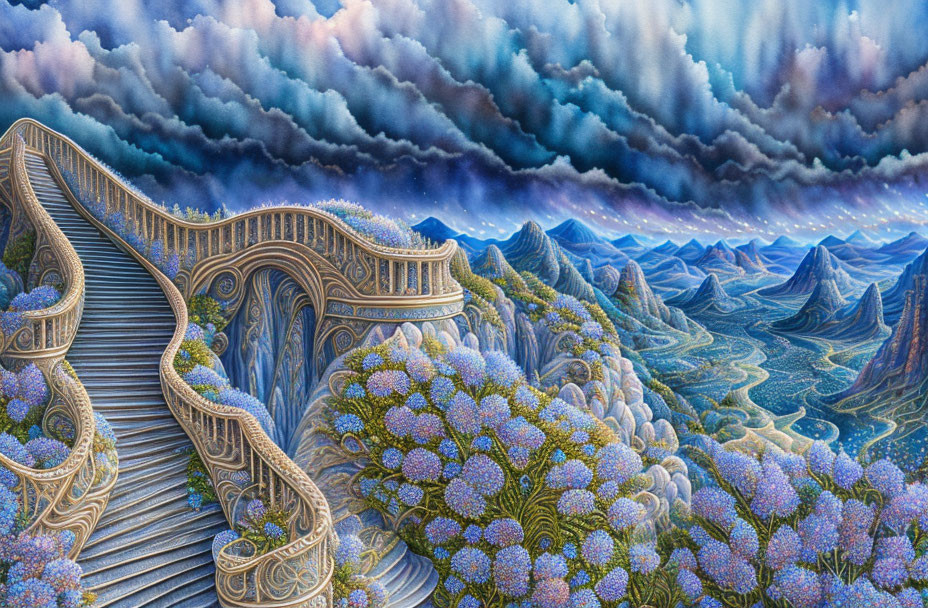 Surreal landscape with ornate staircase, undulating hills, purple flora, dramatic sky