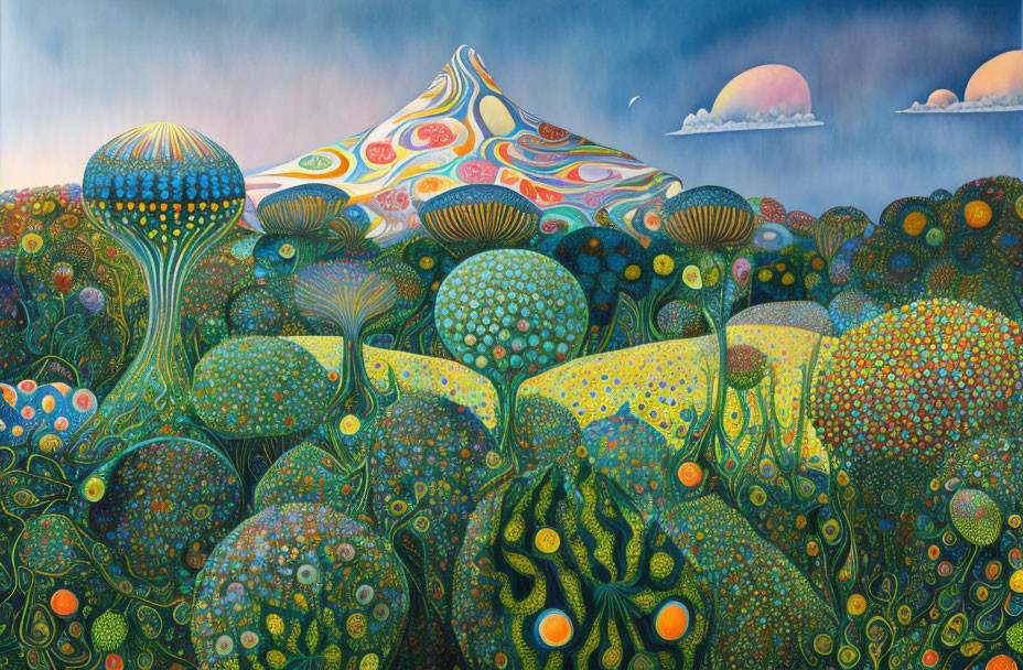 Colorful Psychedelic Landscape with Patterned Hills and Fantastical Trees