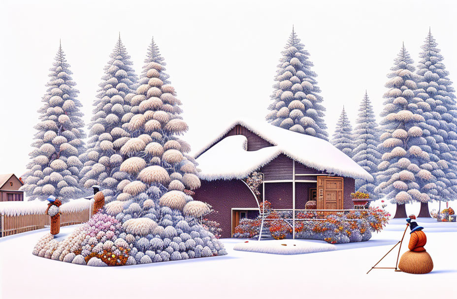 Snow-covered winter landscape with pine trees, cozy cottage, person with broom, and vibrant bushes under