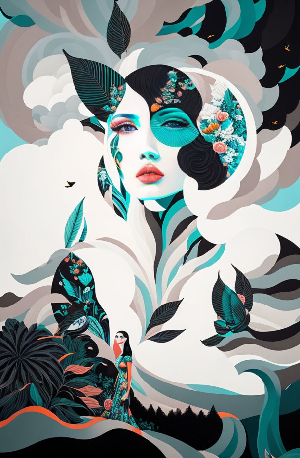 Surreal floral-filled woman silhouette in pastel landscape