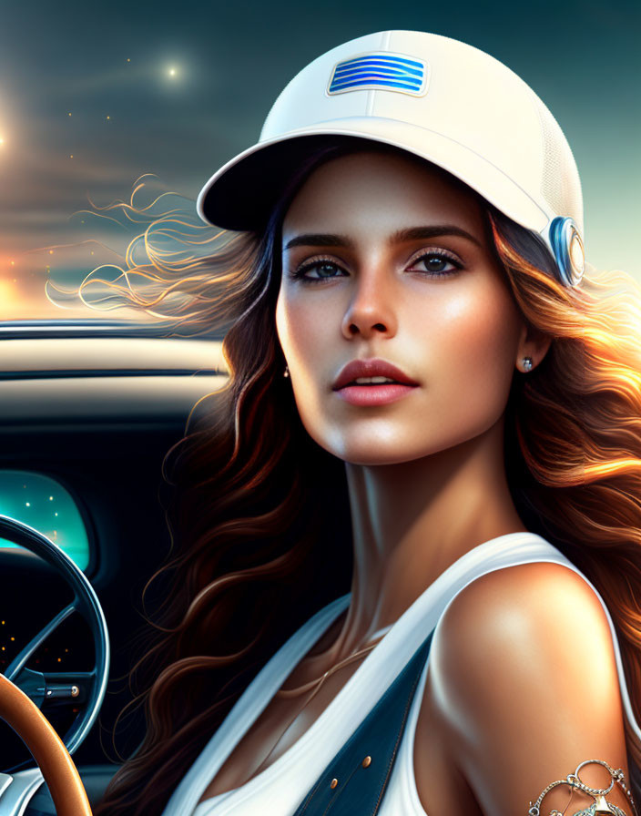 Digital artwork of woman in white cap in futuristic car with cosmic backdrop