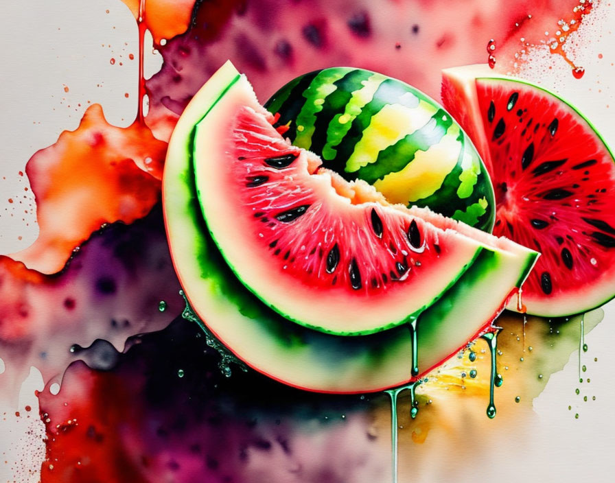 Colorful painting of sliced watermelon with vibrant background.