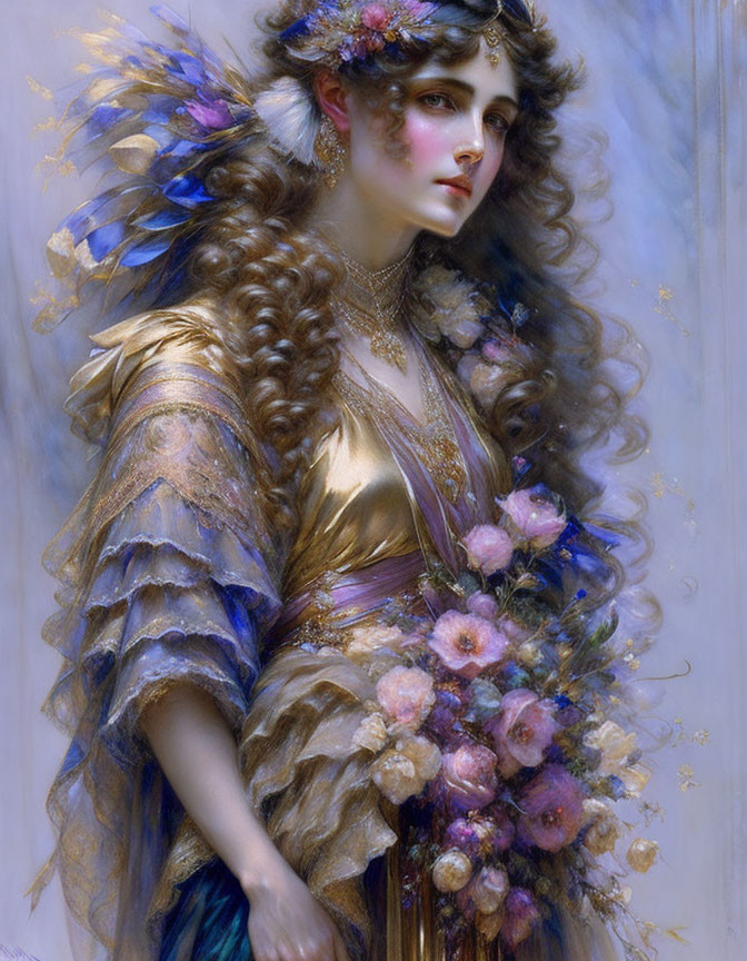 Woman in Golden Dress with Feathers and Flowers, Contemplative Pose