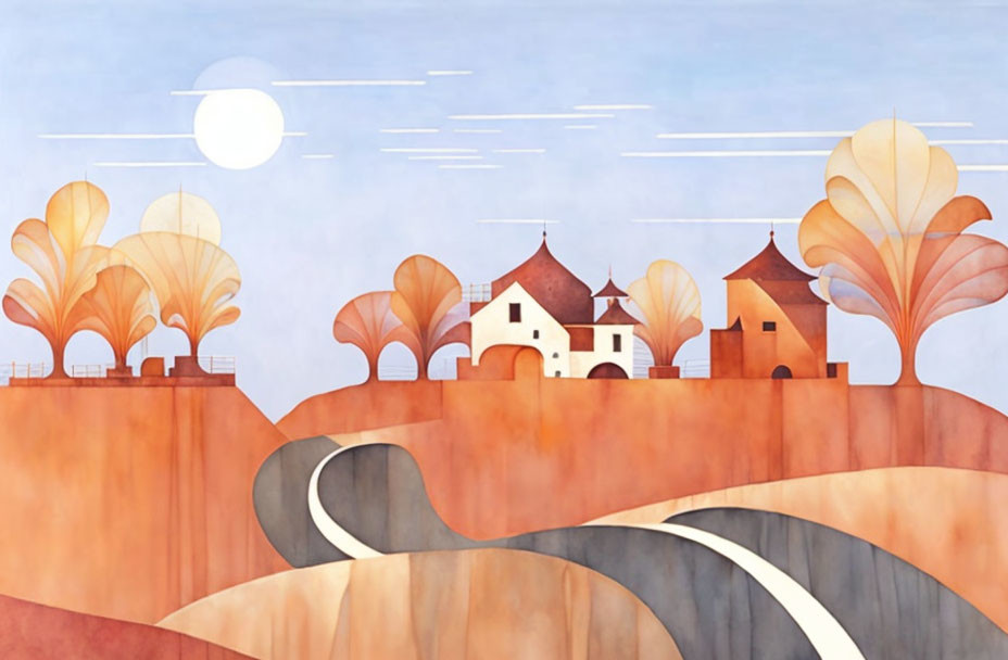 Illustration of autumnal landscape with stylized trees and quaint houses