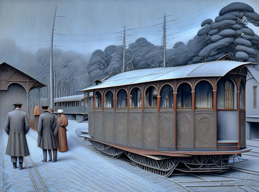 Vintage clothing figures admire ornate tram in artistic illustration