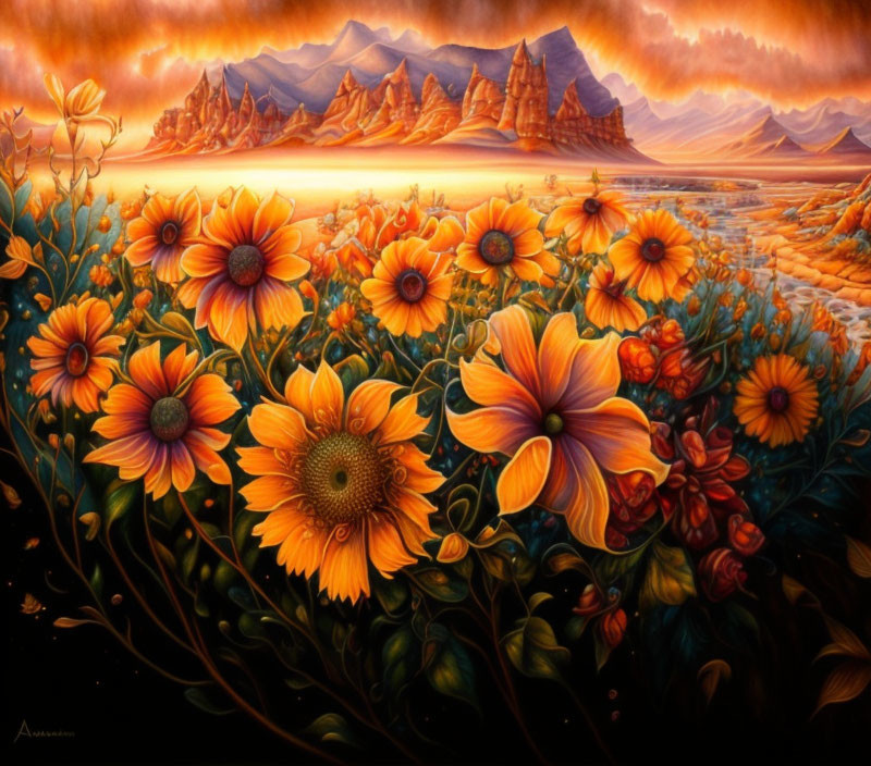 Colorful painting of sunlit flowers with warm mountains and glowing sky