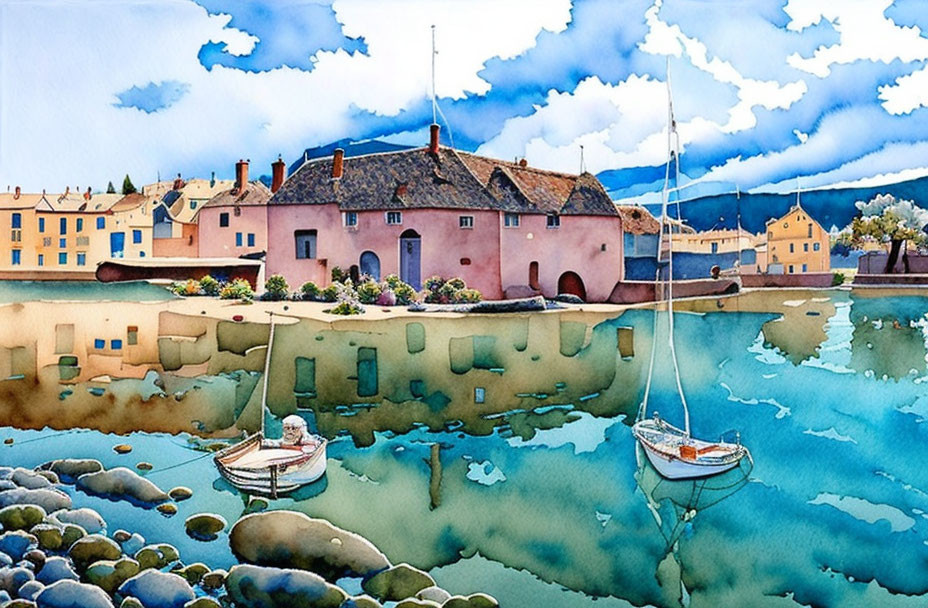 Quaint riverside buildings and sailboats in pink-hued watercolor