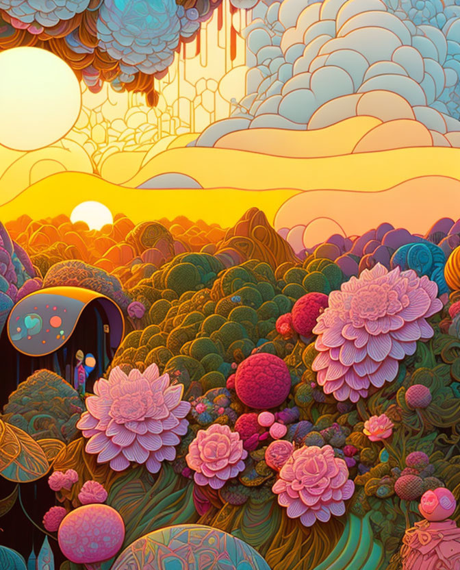 Colorful illustration: Whimsical landscape with lush vegetation and serene sunset