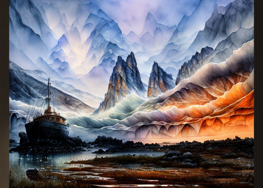 Layered Mountainous Landscapes with Vintage Ship in Surreal Painting